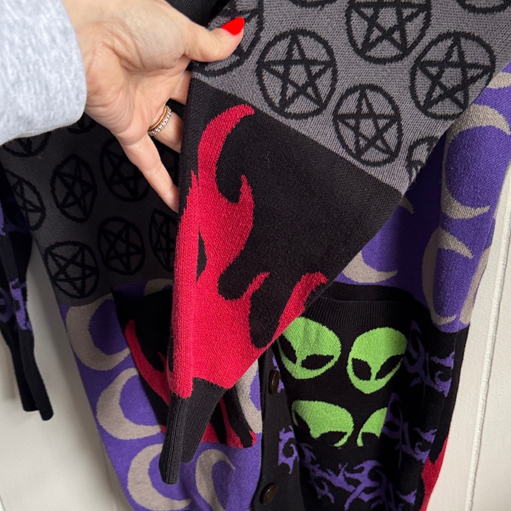 Disturbia Patchwork Open Cardigan in Black, Purple, Green & Red - Picture 9 of 10